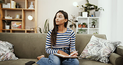 Buy stock photo Thinking, student and woman with book, home and practice for exam in apartment, education and living room. Knowledge, learning and person with scholarship for college, lounge and learner in house