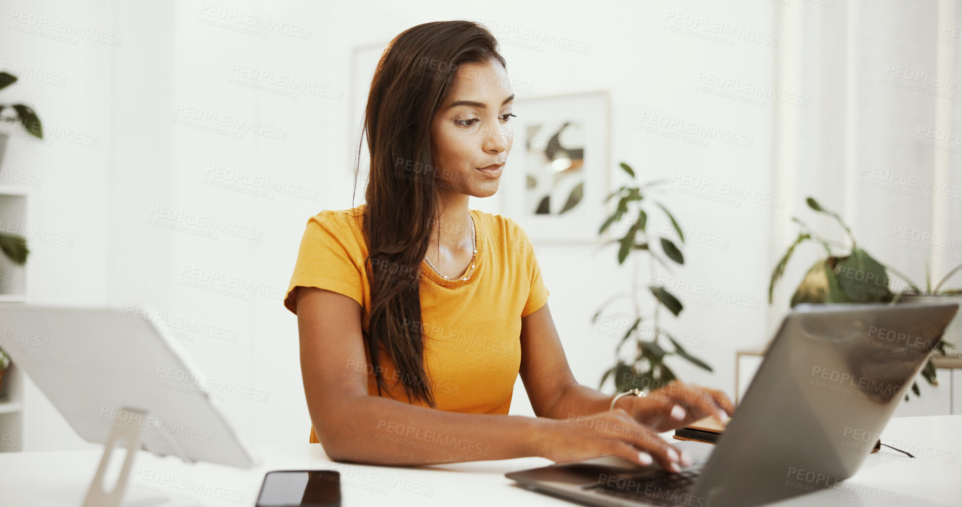 Buy stock photo Remote work, inspiration and laptop with woman typing in home office for research, email draft or report. Newsletter, online and copywriting with freelancer or journalist in apartment for blog writer