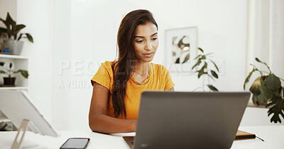 Buy stock photo Remote work, idea and laptop with woman typing in home office for research, email draft or report. Newsletter, thinking and copywriting with freelancer or journalist in apartment for blog writer