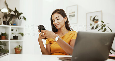 Buy stock photo Remote work, texting and phone with woman in home office for research, email update or report. Newsletter, social media and copywriting with freelancer or journalist break in blog writer apartment