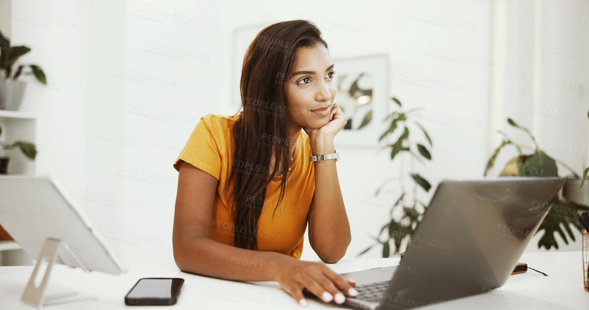 Buy stock photo Remote work, thinking and laptop with woman in home office for research, email draft or report. Newsletter, inspiration or copywriting with freelancer or journalist in apartment for blog writing idea