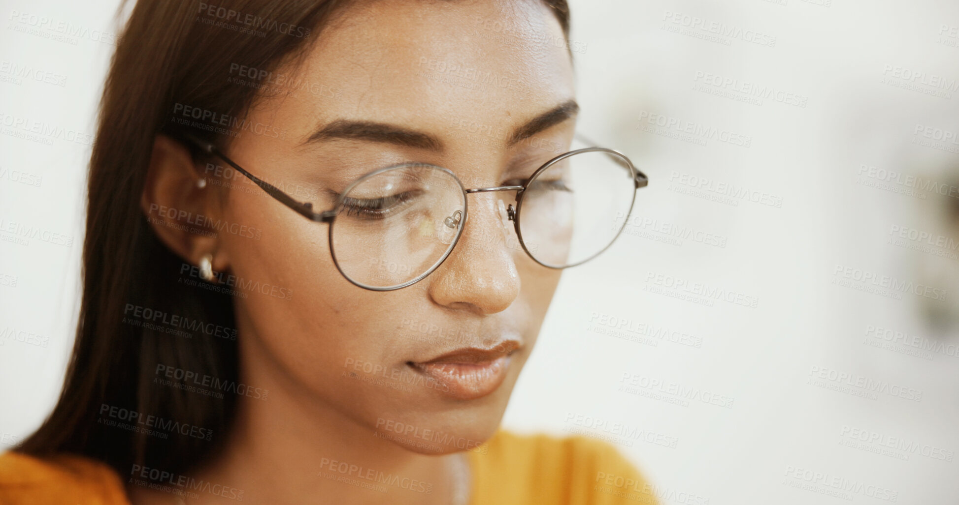 Buy stock photo Woman, glasses and clear vision with eye care, smart and confidence with optical health. Person, calm and girl with ophthalmology, optometrist and prescription with frame design, retina and house