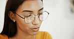 Home, thinking and woman with glasses, decision and thoughtful with choice, solution and ideas. Person, copywriting and freelancer with eyewear, research for creative project and problem solving