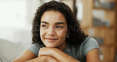 Buy stock photo Thinking, smile and relax with woman at home for scholarship opportunity, planning future and idea. Reflection, hope and college inspiration with person in living room for student decision and vision
