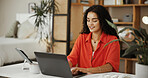 Remote work, woman or digital nomad on laptop in home or hotel for media blog, email or copywriting. Apartment, typing or writer on technology for freelancing project, research or online publication