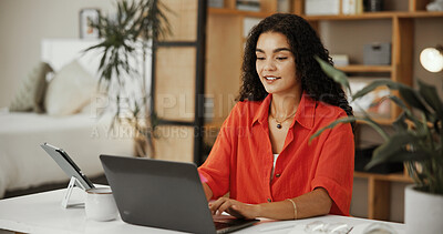 Buy stock photo Remote work, woman or digital nomad on laptop in house or hotel for media blog, email or copywriting. Apartment, typing or writer on technology for freelancing project, research or online publication