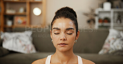 Buy stock photo Woman, home and meditation exercise for healing spirit, mindfulness and activity for stress relief. Yoga, fitness and eyes closed for breathing practice in living room, chakra and self care for calm