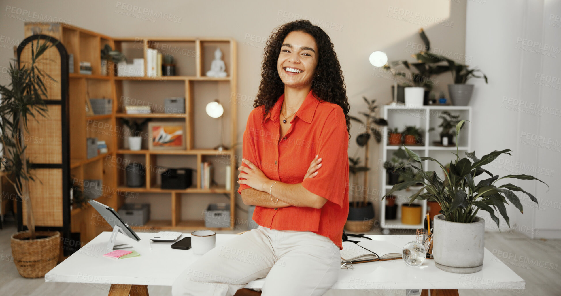 Buy stock photo Small business, portrait and woman with arms crossed, laughing and confident for sales in flower shop. Office, entrepreneur and person with pot plants for online store, retail and happy with stock