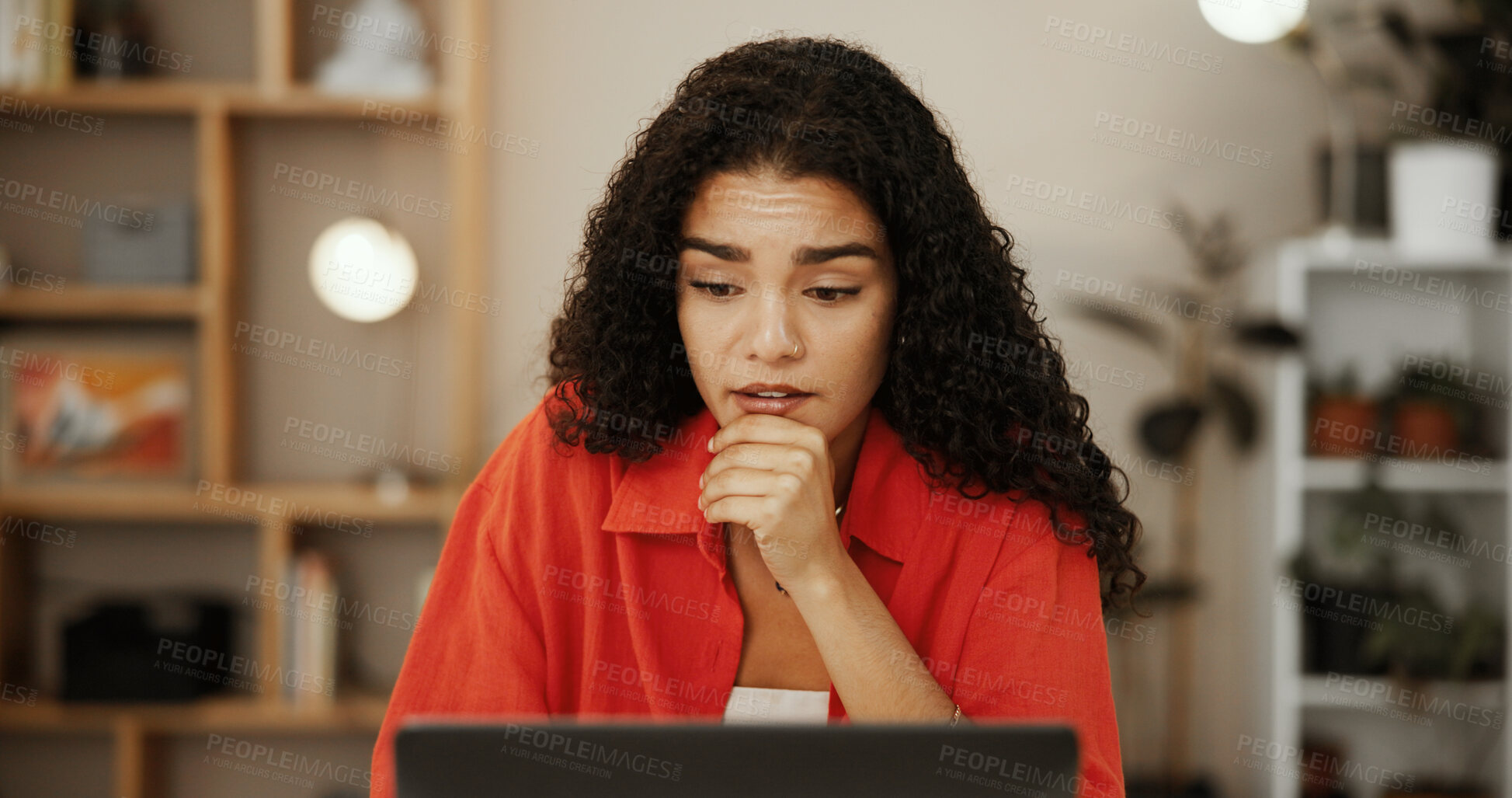 Buy stock photo Confused, laptop and thinking with woman in home office for research, planning and ecommerce sales feedback. Worry, idea and dropshipping small business with person for negative online review