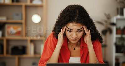 Buy stock photo Frustrated, thinking and woman with laptop, office and stress for tax filing on web or small business. Burnout, contemplating and person with migraine for online shop, entrepreneur and overwhelmed