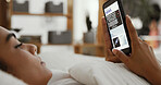 Phone screen, reading and woman relaxing in home with online blog for global bulletin update. Cellphone, bed and female person with mobile app for international breaking news announcement in house.