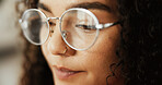 Glasses, woman and face of digital nomad in remote work or home for media blog and copywriting. Reflection, closeup or writer on technology for freelancing project, research or online publication