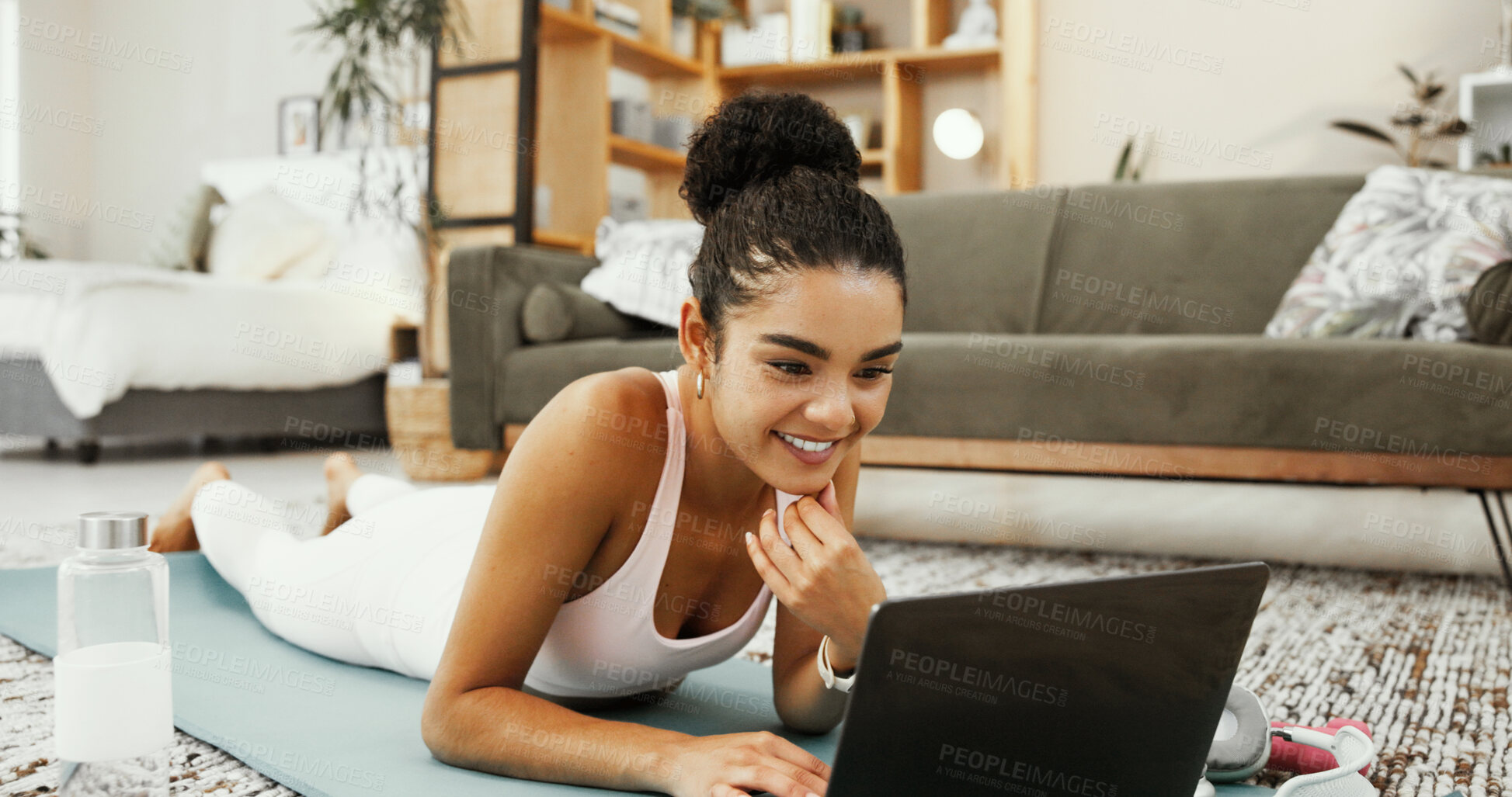 Buy stock photo Smile, woman and laptop for yoga at house with online tutorial, streaming video and zen instructions. Female person, relax and tech with website for wellness app, pilates subscription and mindfulness