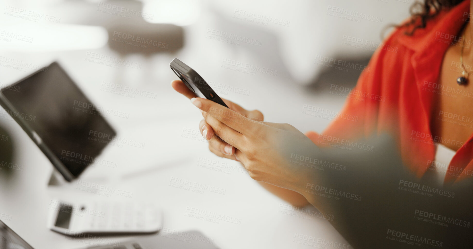 Buy stock photo Hands, entrepreneur or woman with phone in startup for email or networking on social media app. Small business, website or bookkeeper texting on mobile for accounting research, finance or online news