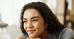 Thinking, happy and student with woman at home for scholarship opportunity, future and idea. Reflection, hope and college inspiration with person in living room for decision, relax and vision
