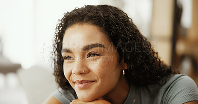 Buy stock photo Thinking, happy and student with woman at home for scholarship opportunity, future and idea. Reflection, hope and college inspiration with person in living room for decision, relax and vision