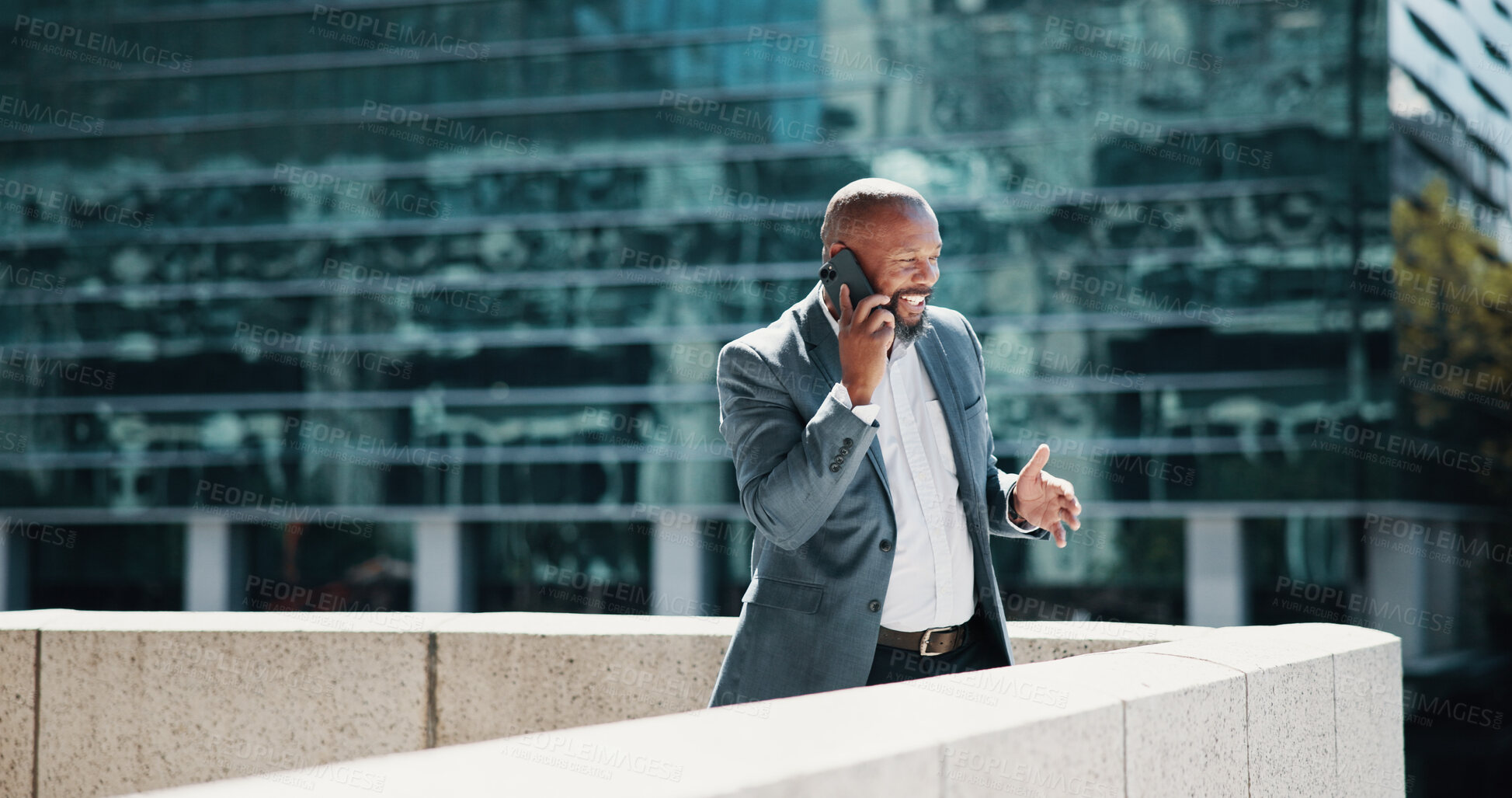 Buy stock photo Black man, business or balcony with phone call for corporate discussion, conversation or proposal in city. Happy, businessman or broker discussing deal with mobile smartphone for financial investment