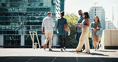 Buy stock photo Business, people and walking in city with discussion for campaign ideas, project planning and morning commute. Businessman, woman and employee journey to appointment, meeting and outdoor networking