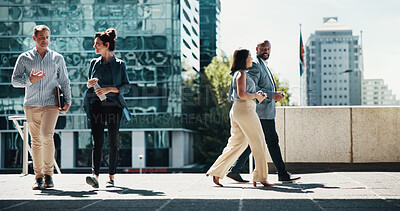 Buy stock photo Business, people and walking in city with conversation for corporate ideas, project planning or morning commute. Businessman, woman and employee journey to appointment, meeting or outdoor discussion
