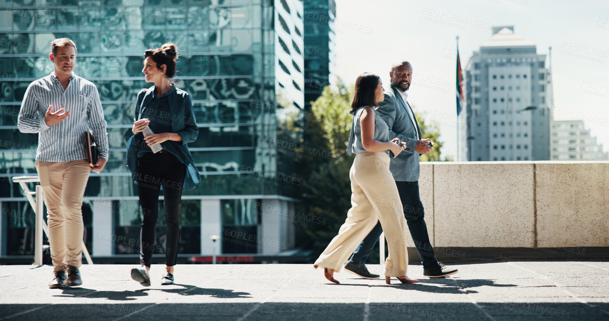 Buy stock photo Business, people and walking in city with conversation for corporate ideas, project planning or morning commute. Businessman, woman and employee journey to appointment, meeting or outdoor discussion