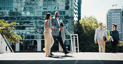 Buy stock photo Business, employees and walking in city with discussion for corporate ideas, campaign planning and urban commute. Professional, people and morning journey to appointment, meeting or career conference