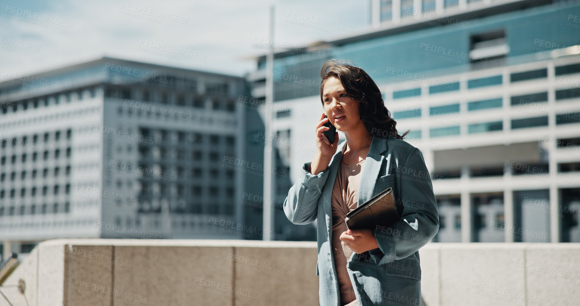 Buy stock photo Travel, tablet and woman with phone call in city, commute or real estate agent with negotiation. Urban, business person or realtor with mobile for discussion, journey or contact for property question