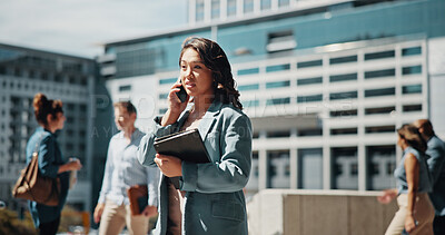Buy stock photo Business, phone call and thinking with woman in city for communication, conversation or negotiation. Discussion, mobile networking and planning with professional employee outdoor in urban town