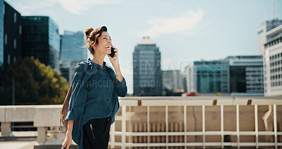 Buy stock photo City, laugh and woman with phone call for travel, commute and real estate agent with negotiation. Urban, business realtor and walk with mobile for discussion, journey or contact for property question