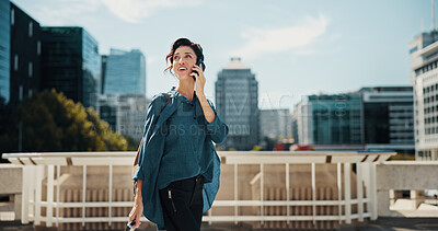 Buy stock photo Travel, business and woman with phone call in city, commute or real estate agent with negotiation. Urban, female person or realtor with mobile for discussion, journey or contact for property question