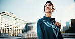 Inspiration, thinking and business woman in city with idea, brainstorming and career insights. Professional, corporate and person for company future, urban development and job opportunity in morning