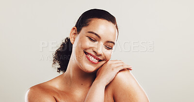 Buy stock photo Woman, happy and pride for skincare in studio of natural beauty, facial treatment and dermatology. Female person, eyes closed and cosmetics with self care, shine results and space on white background