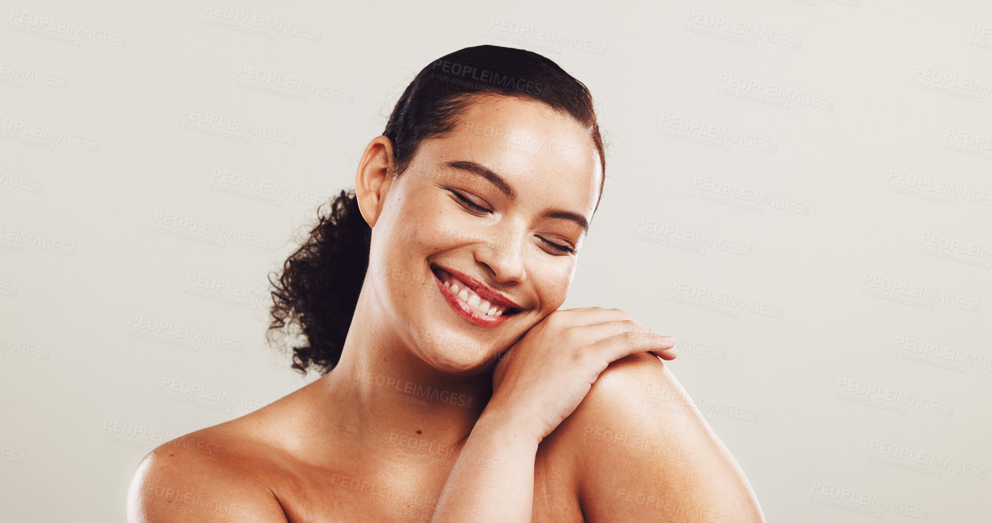 Buy stock photo Woman, happy and pride for skincare in studio of natural beauty, facial treatment and dermatology. Female person, eyes closed and cosmetics with self care, shine results and space on white background