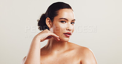 Buy stock photo Woman, portrait and pride for skincare in studio of natural beauty, facial treatment and dermatology. Female person, confident and cosmetics for self care, shine results and space on white background