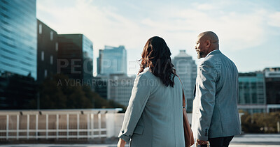 Buy stock photo Back, commute and collaboration with business people in city together for travel to work. Building, direction or walking with man and woman corporate employee team outdoor in urban town for journey