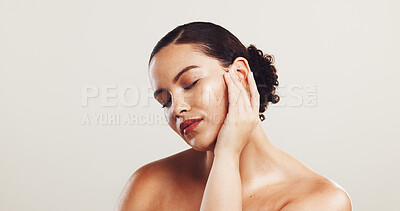 Buy stock photo Woman, pride and beauty with makeup in studio of aesthetic, facial cosmetics or treatment glow. Female person, eyes closed and dermatology results, red lipstick and transformation on white background