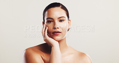 Buy stock photo Portrait, girl and pride for skincare in studio with natural beauty, facial treatment and dermatology glow. Woman, confidence and cosmetics with self care, shine results and space on white background