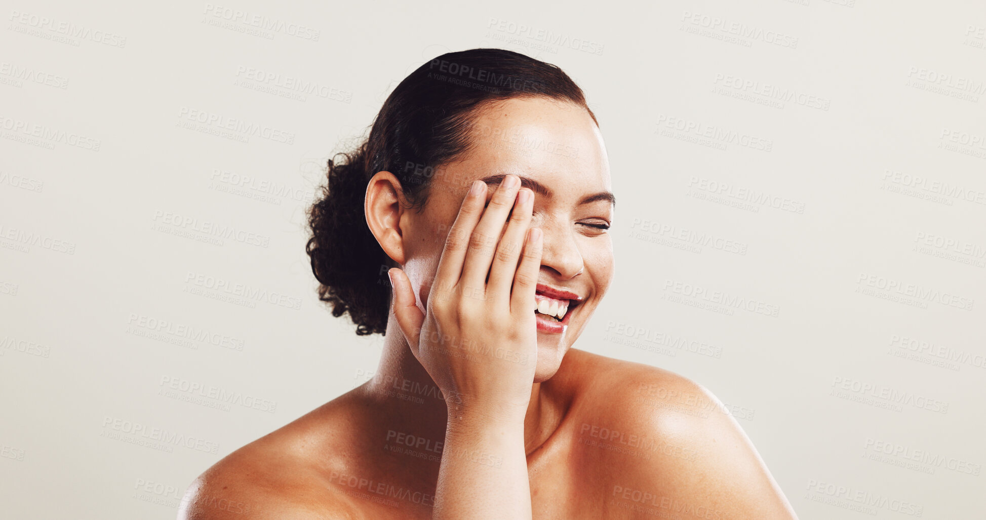 Buy stock photo Beauty, skincare and woman with cosmetics, funny and dermatology on white studio background. Person, mockup space and model with wellness, glow and healthy skin with acne treatment, smile or laughing