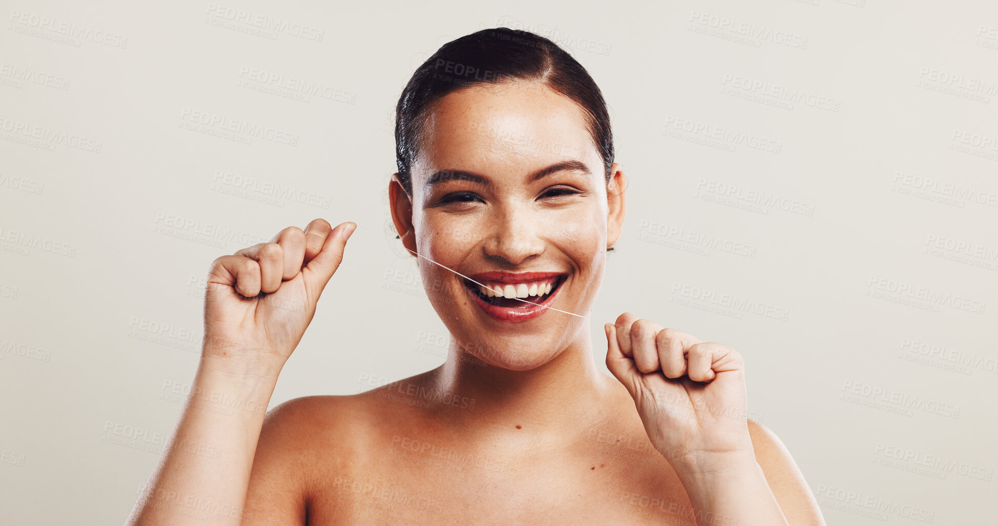 Buy stock photo Dental care, studio and woman with floss, portrait and smile for prevention of cavities or mockup space. White background, cleaning and person with thread for oral health, gum or happy with treatment