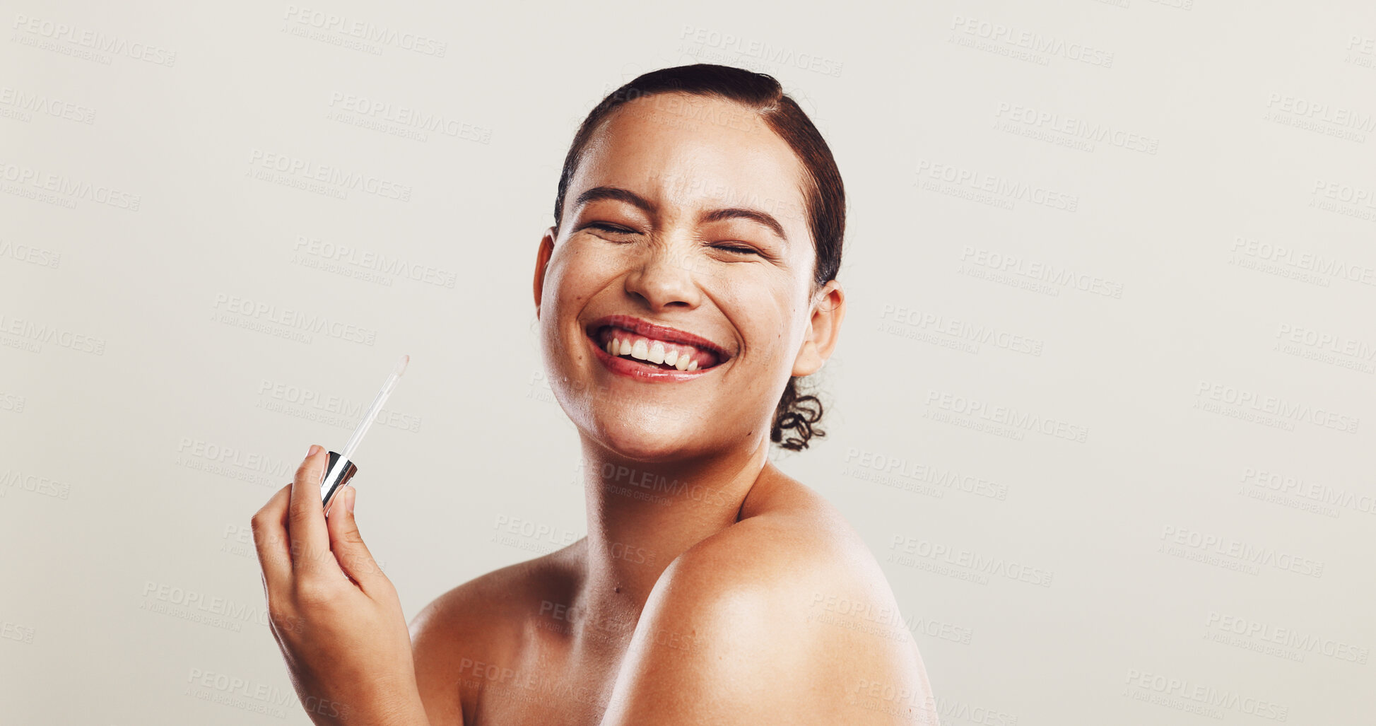 Buy stock photo Smile, woman and serum for skincare in studio of facial treatment, collagen benefits and dermatology. Person, laughing and oil product for self care, hyaluronic acid and hydration on white background