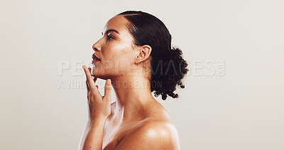 Buy stock photo Skincare, cosmetics and woman with beauty, profile or aesthetic on white studio background. Person, mockup space or model with glow, acne treatment or dermatology with wellness, shine or healthy skin