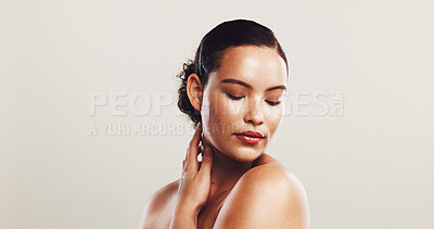 Buy stock photo Skincare, cosmetics and woman with beauty, shine and dermatology on white studio background. Person, mockup space or model with glow, acne treatment and grooming with wellness, smooth or healthy skin