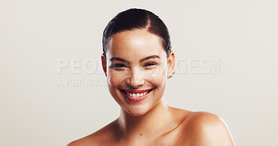 Buy stock photo Studio, woman and portrait with glow for skincare, treatment and confidence by mockup space. Happy, female person and model with smooth face for beauty, dermatology and wellness by white background