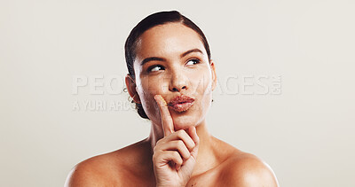 Buy stock photo Beauty, skincare and woman with cosmetics, pout and dermatology on white studio background. Person, mockup space and model with lip gloss, wellness and healthy skin with acne treatment and shine
