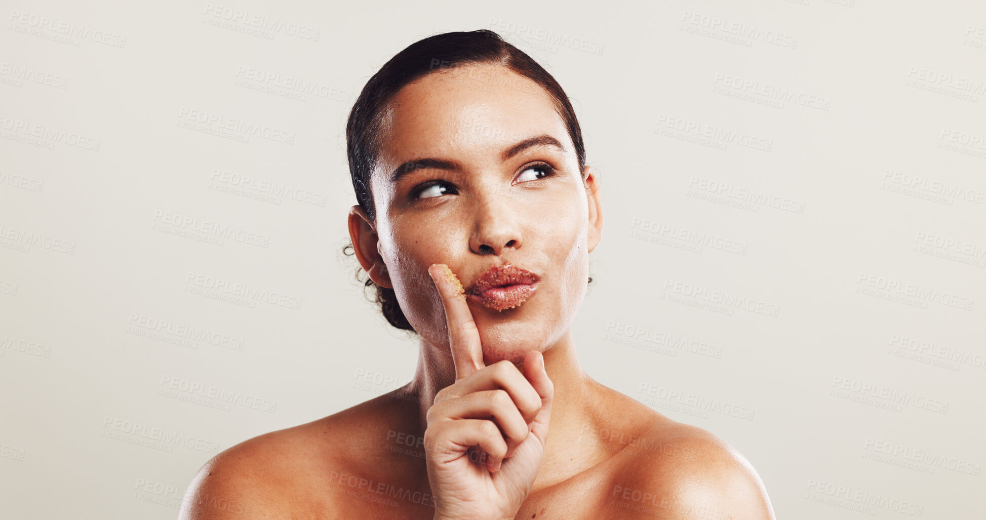 Buy stock photo Beauty, skincare and woman with cosmetics, pout and dermatology on white studio background. Person, mockup space and model with lip gloss, wellness and healthy skin with acne treatment and shine