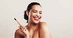 Happy woman, bamboo and toothbrush with dental hygiene in studio for morning routine on a white background. Female person, young model or smile with teeth for oral, mouth or gum care on mockup space