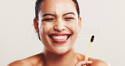 Buy stock photo Happy woman, bamboo or toothbrush with teeth in studio for morning routine or dental hygiene on a white background. Face, female person or model with smile or fresh breath for oral, mouth or gum care