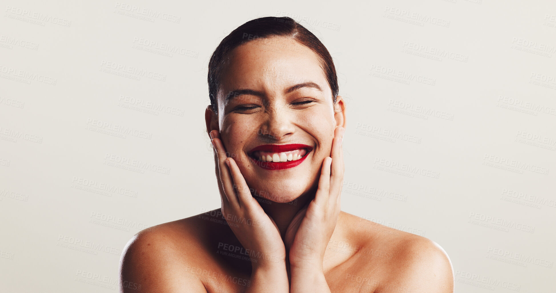 Buy stock photo Glow, happy and woman with makeup cosmetics or dermatology on white studio background. Lipstick, person or model with shine, aesthetic or treatment with wellness, clear skin or beauty with skincare