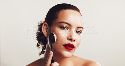 Buy stock photo Foundation, brush and makeup with portrait of woman in studio for beauty product, self care and cosmetics. Tools, aesthetic and salon with person on white background for powder, treatment and face