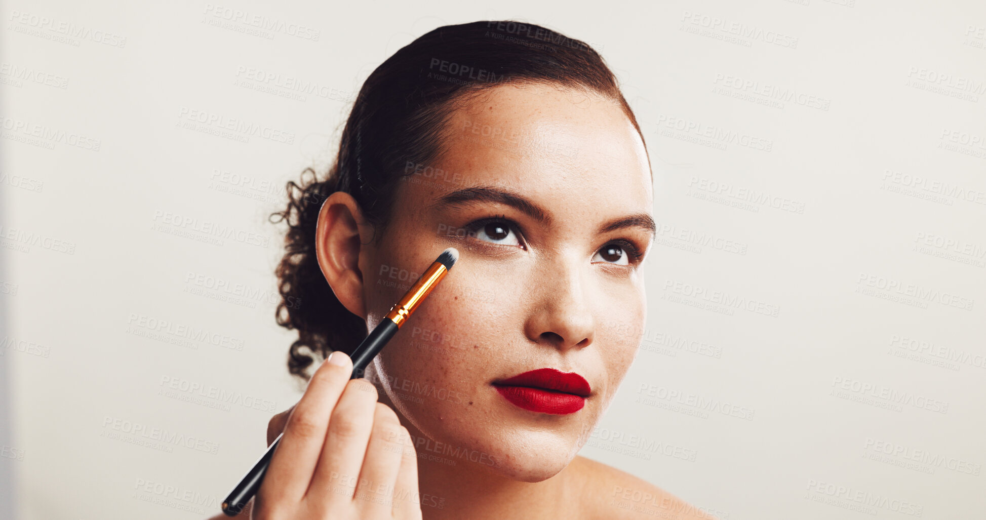 Buy stock photo Eyeshadow, brush and makeup with woman in studio for beauty product, self care and cosmetics. Tools, aesthetic and salon with person on white background for powder, glow treatment and glamour