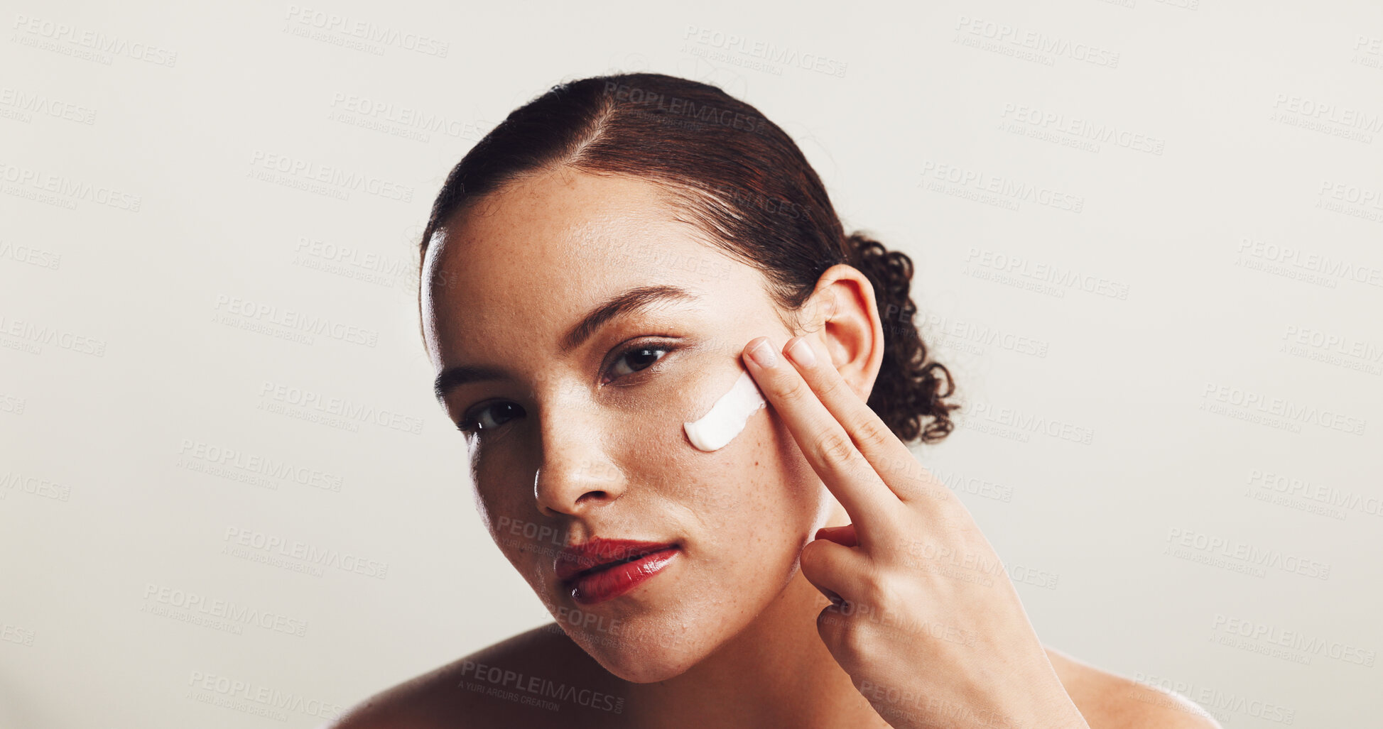 Buy stock photo Portrait, cream and woman with skincare, cosmetics and dermatology on white studio background. Face, person and model with shine, aesthetic and creme with wellness, healthy skin and beauty with glow